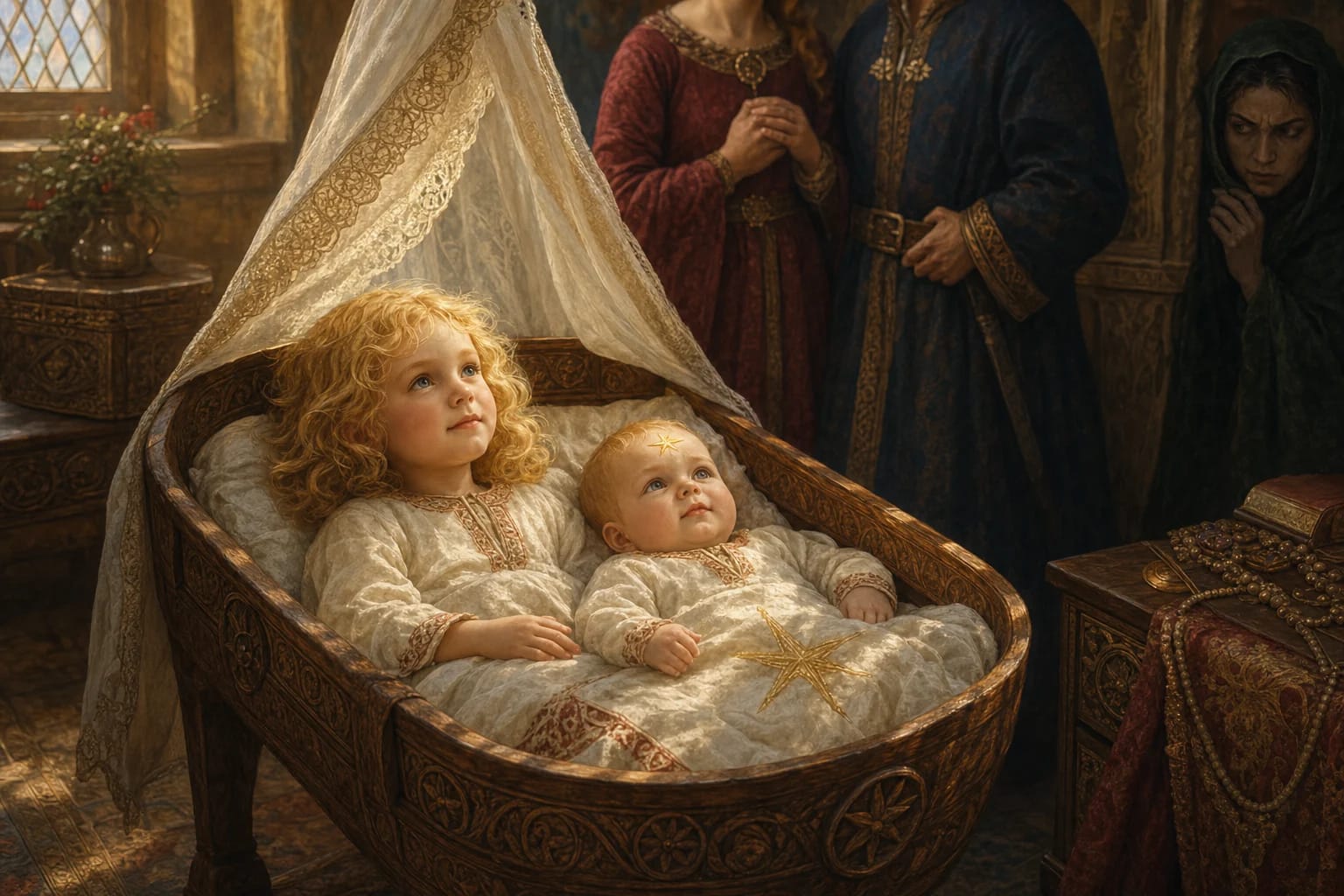 Golden-Haired Boy and Golden-Star Girl visual interpretation with miraculous children, golden hair, star mark motifs