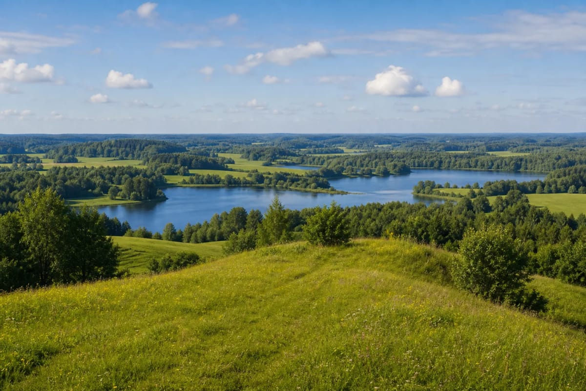Aukštadvario regioninio parko kalvotas kraštovaizdis su ežerais ir miškais