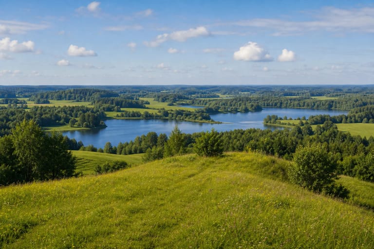 Aukštadvario regioninio parko kalvotas kraštovaizdis su ežerais ir miškais