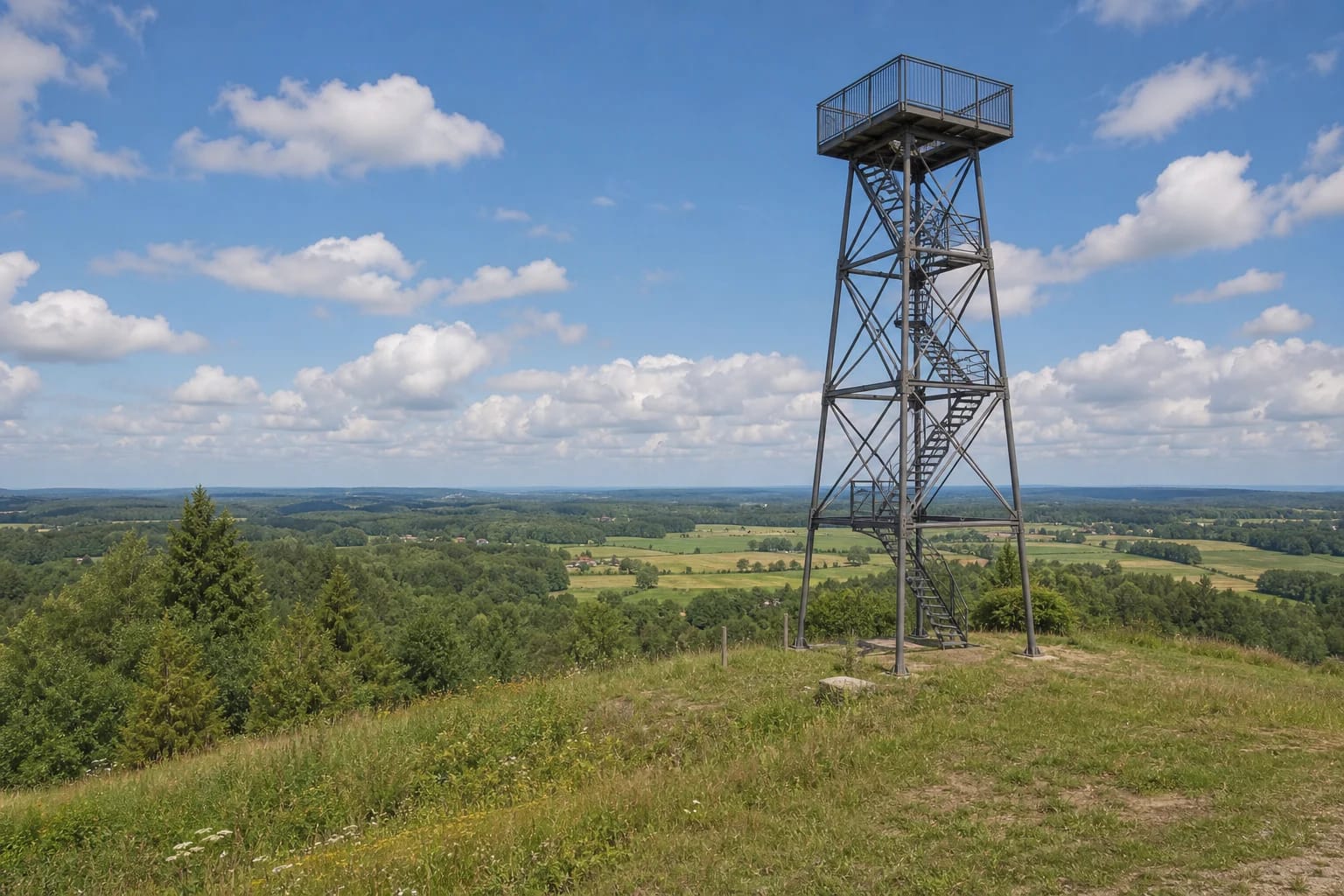 Aukštagirė metal observation tower on a wooded hill in Varniai Regional Park
