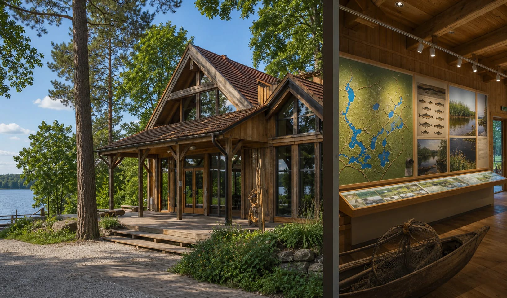 Aukštaitija National Park Visitor Centre in Palūšė, with the mood of a lake exhibition and wooden village architecture