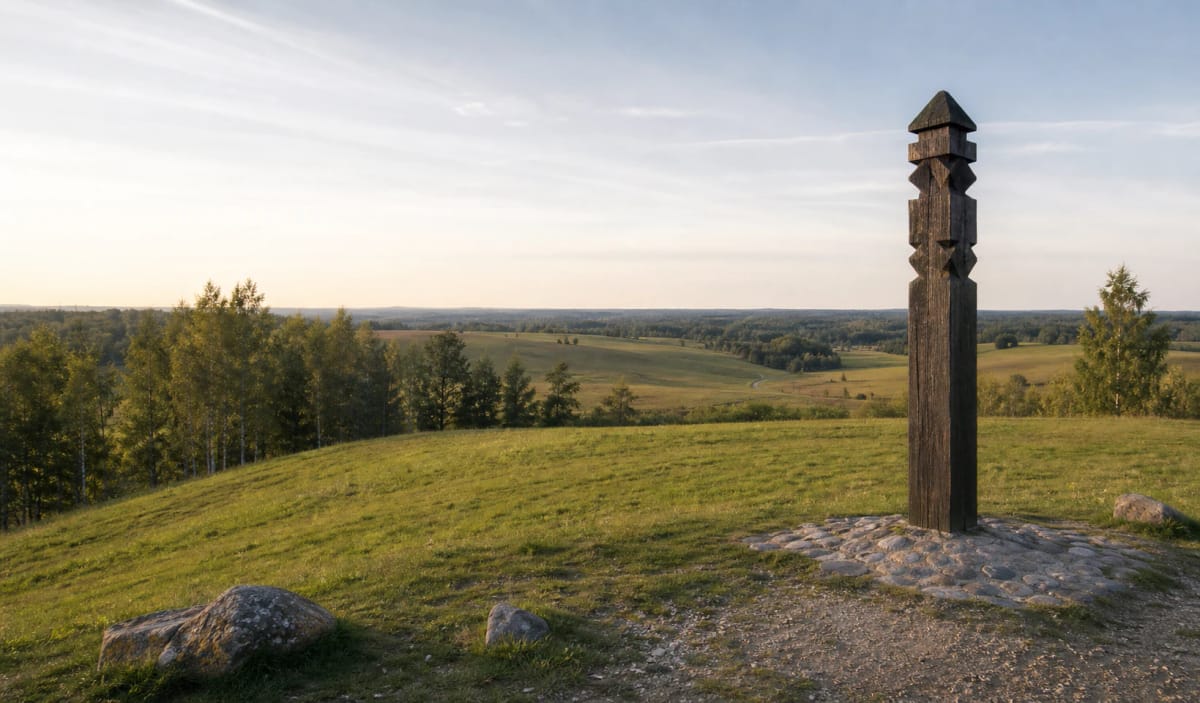 Aukštojas Hill in the Medininkai Upland with an open field panorama and Lithuania's highest-point marker