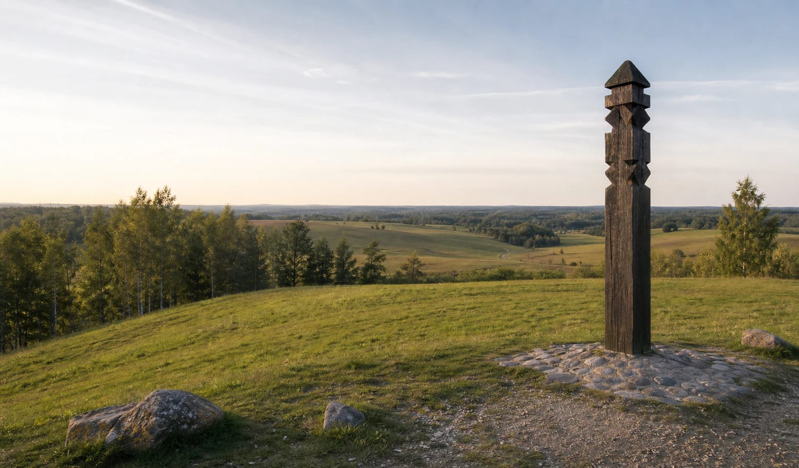 Aukštojas Hill in the Medininkai Upland with an open field panorama and Lithuania's highest-point marker