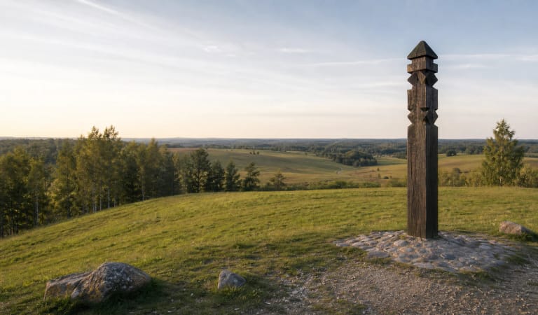 Aukštojas Hill in the Medininkai Upland with an open field panorama and Lithuania's highest-point marker