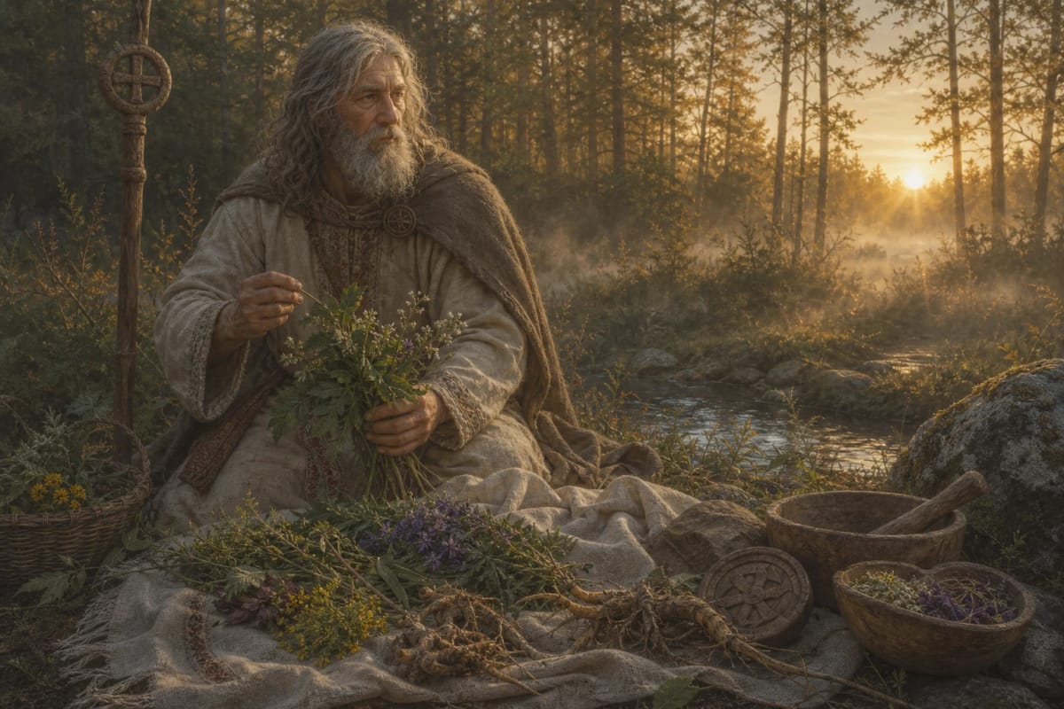 Aušautas, Prussian healing god, with a bundle of medicinal herbs and a sign of health