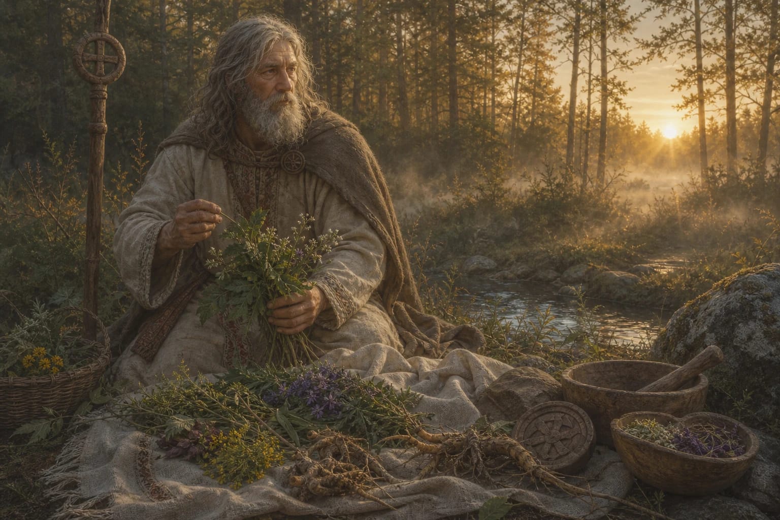 Aušautas, Prussian healing god, with a bundle of medicinal herbs and a sign of health