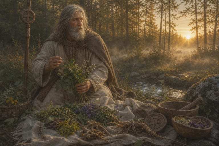 Aušautas, Prussian healing god, with a bundle of medicinal herbs and a sign of health