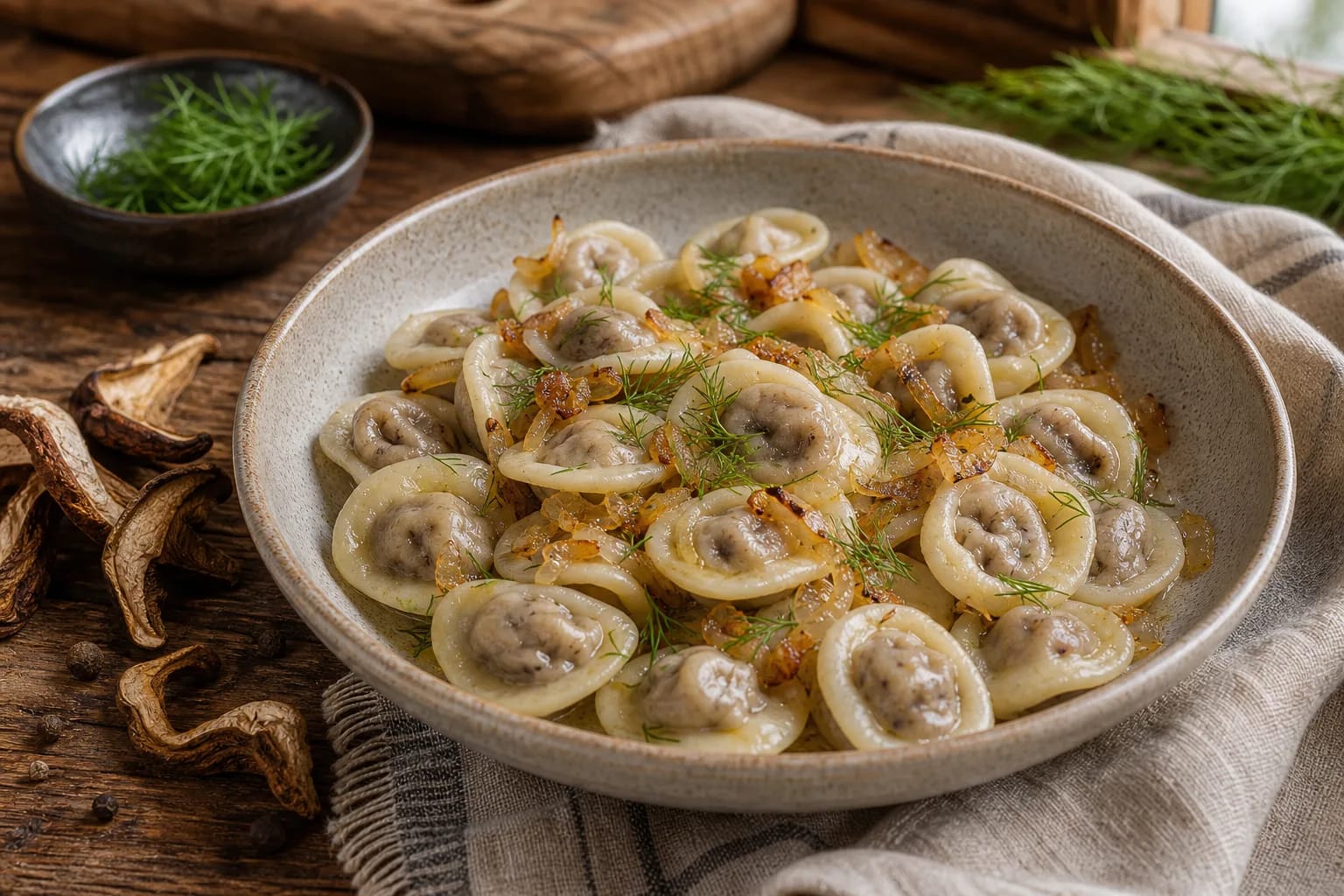 Small Lithuanian auselės with mushroom filling served in a bowl with butter, onions, and herbs