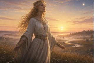 Aušrinė in Lithuanian mythology appears at dawn with the Morning Star above fields