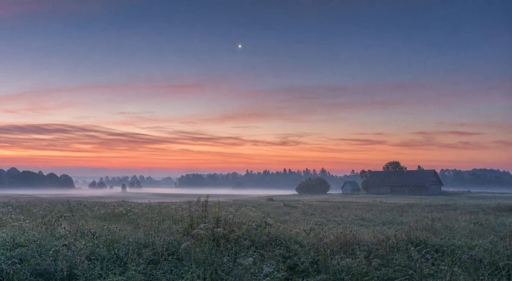 Dawn dew and the morning star above a Lithuanian meadow