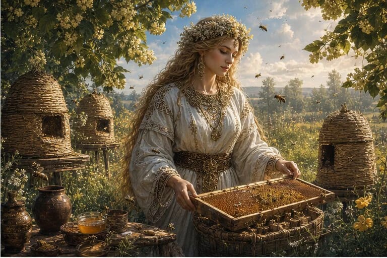 Austėja tends bees and hives in a flowering linden tree