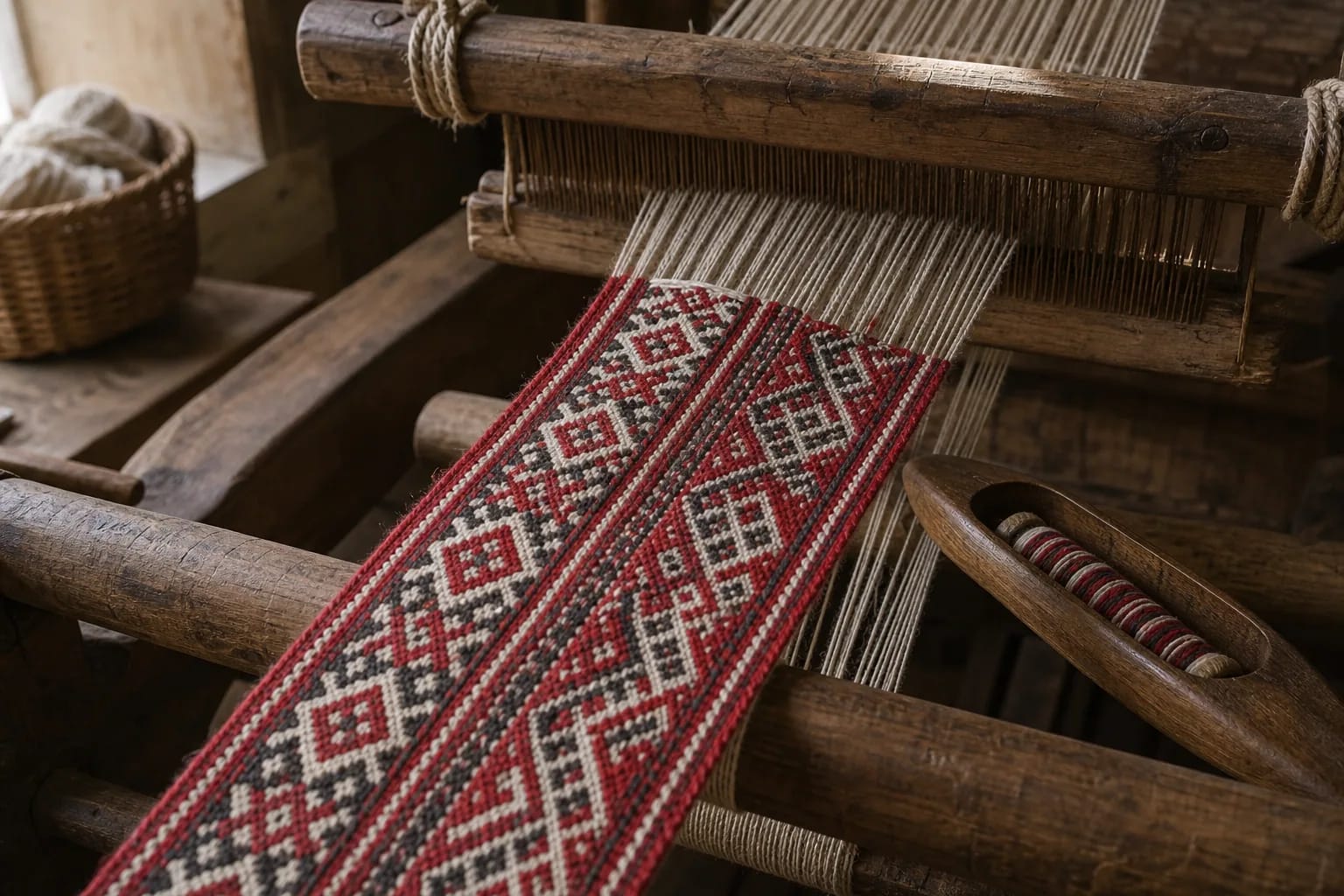 Lithuanian woven sash on a loom with geometric patterns.