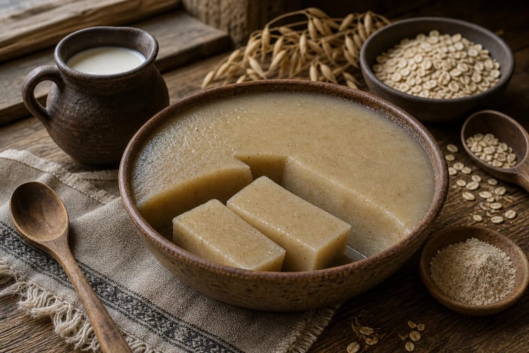 Pale set oat kisielius in a bowl, cut into pieces with a pitcher of milk nearby on a wooden table
