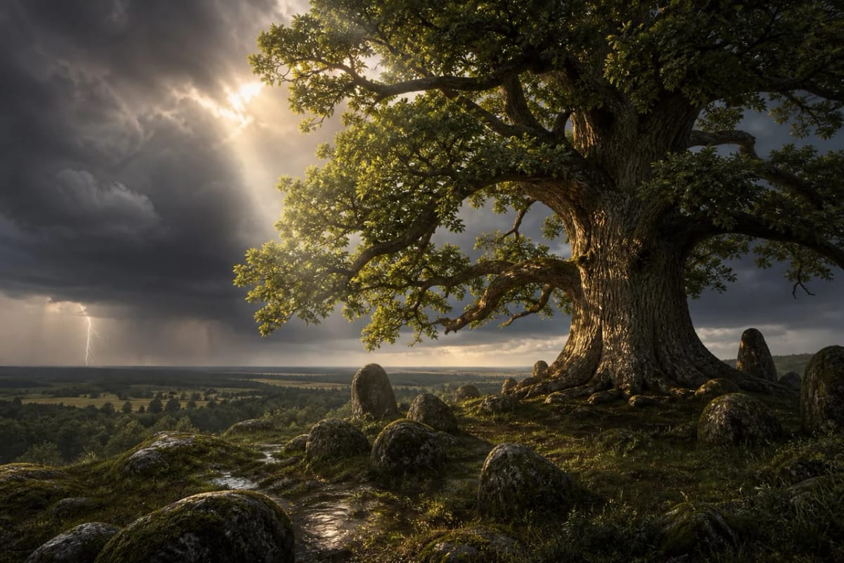 An old oak beneath storm clouds as a symbol of Perkūnas and the sacred tree