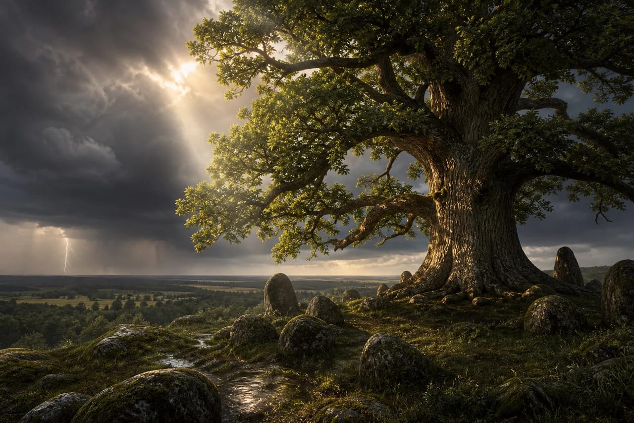 An old oak beneath storm clouds as a symbol of Perkūnas and the sacred tree