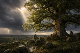 An old oak beneath storm clouds as a symbol of Perkūnas and the sacred tree