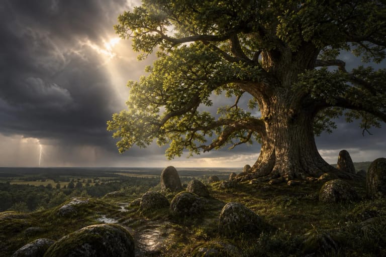 An old oak beneath storm clouds as a symbol of Perkūnas and the sacred tree