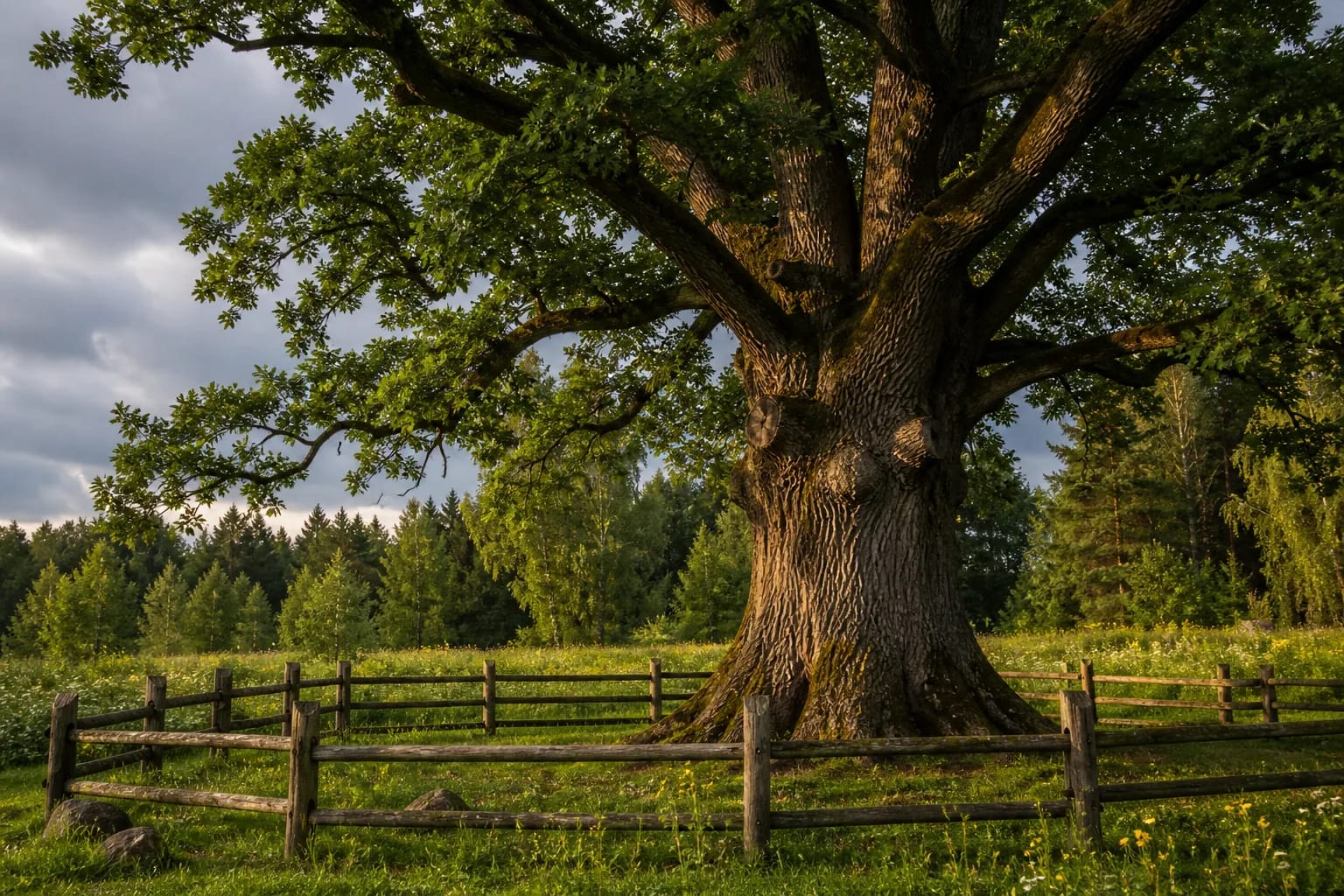 Old oak in a fenced Lithuanian grove after rain.