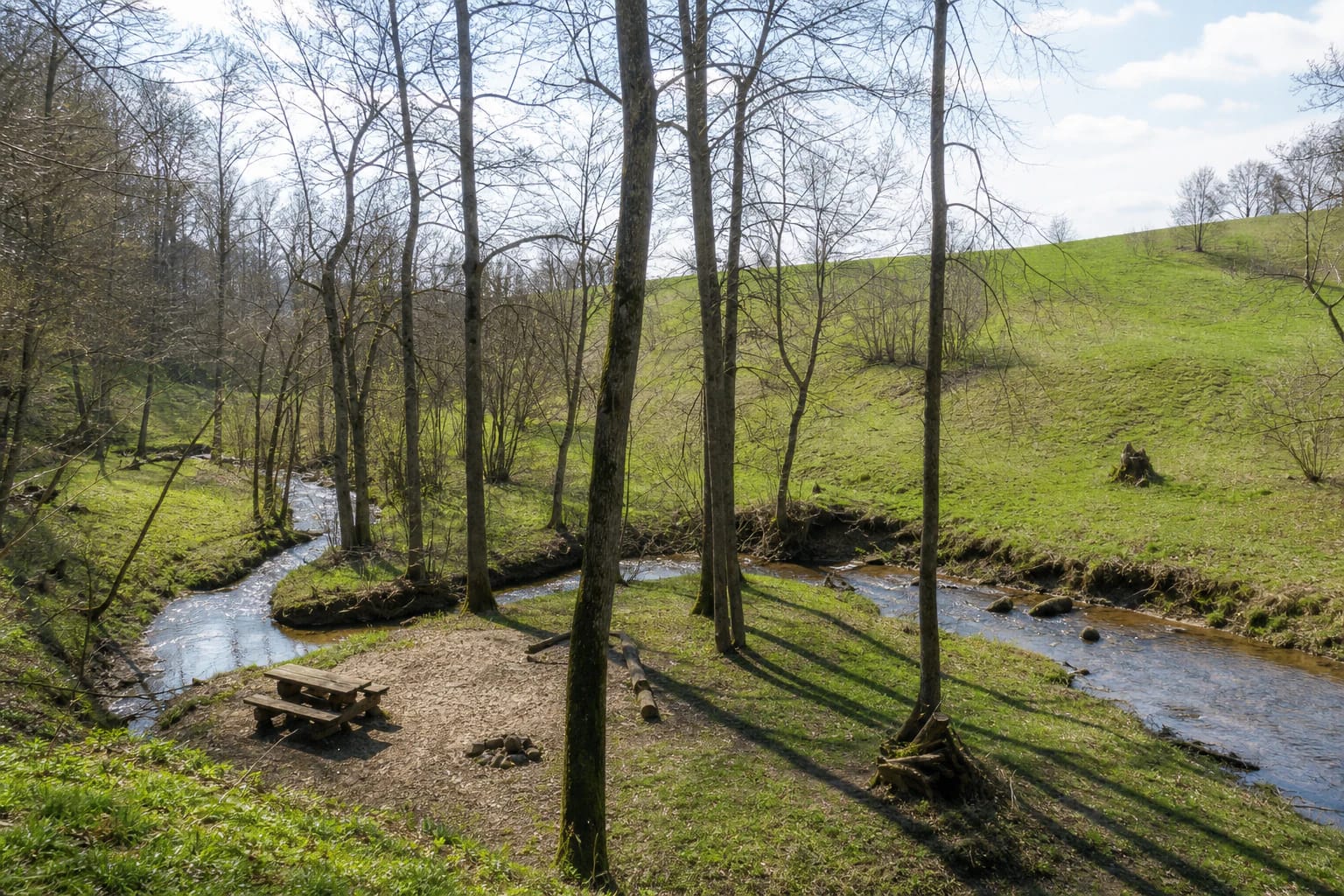 Grassy Ąžuolpamūšė Hillfort slope above the wooded Tatula-Ūgė confluence