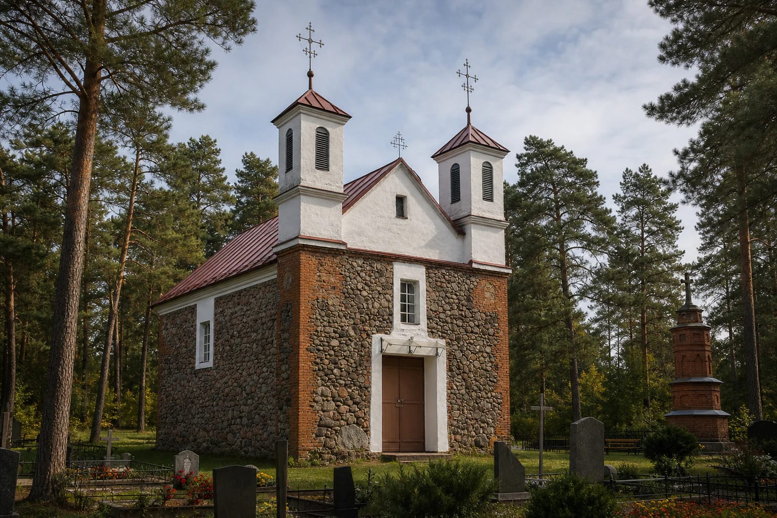 Каменная церковь в Бабришкесе с краснокирпичными углами, двумя белыми башнями и красными металлическими крышами среди сосен