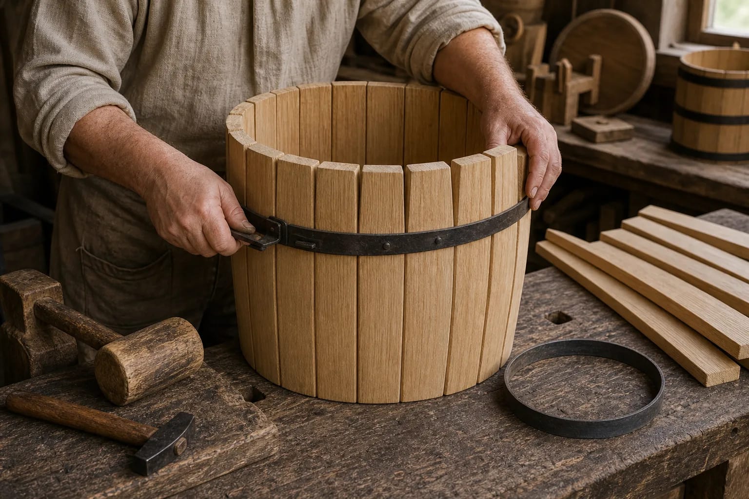 A cooper tightens staves with a hoop and checks the fit.