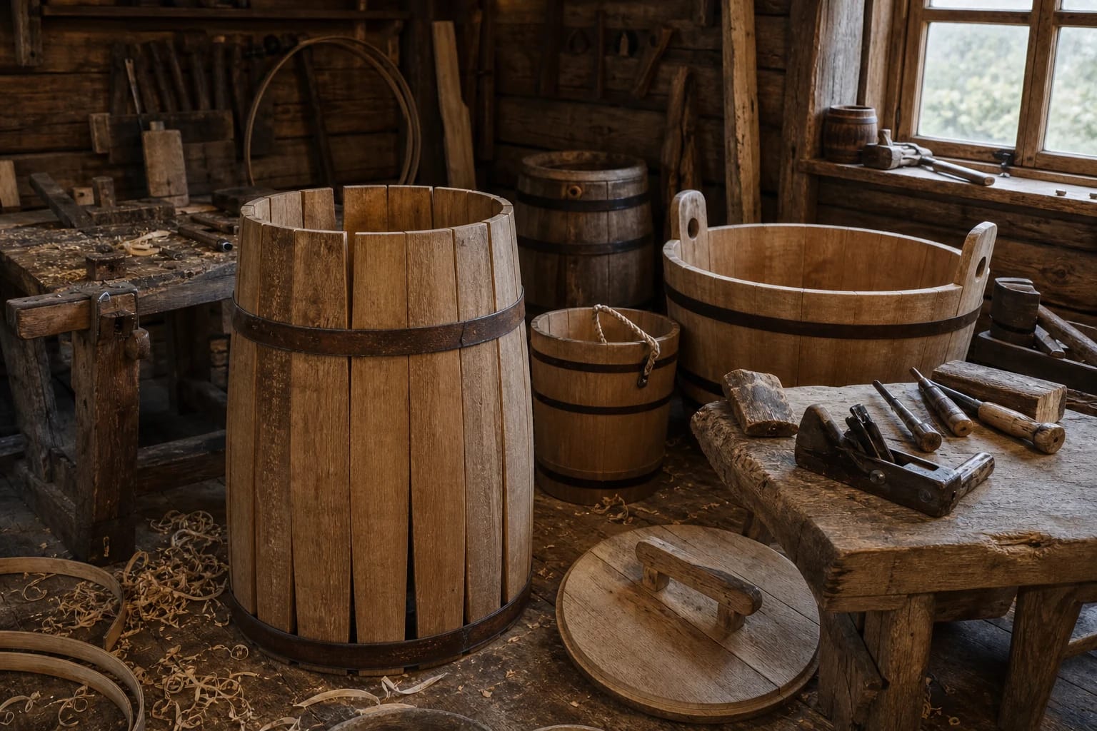 Lithuanian wooden tubs, barrels, and buckets made from staves and tightened with hoops in a cooper's workshop