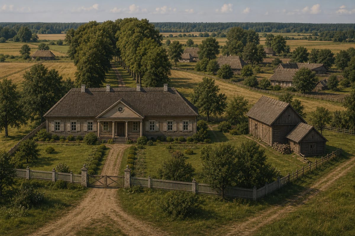 A petty-noble bajorkaimis with several wooden farmsteads, a loose plan, old trees, and a modest echo of manor tradition