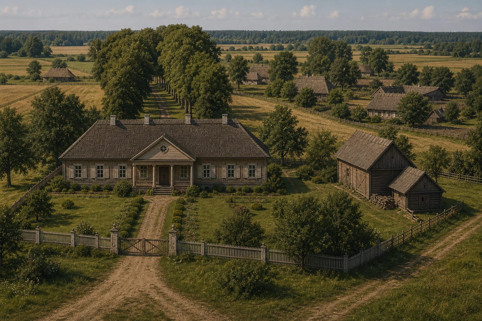 A petty-noble bajorkaimis with several wooden farmsteads, a loose plan, old trees, and a modest echo of manor tradition