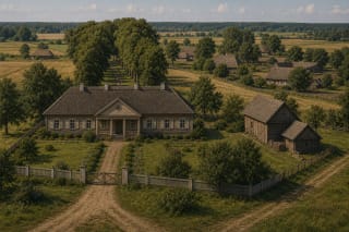 A petty-noble bajorkaimis with several wooden farmsteads, a loose plan, old trees, and a modest echo of manor tradition
