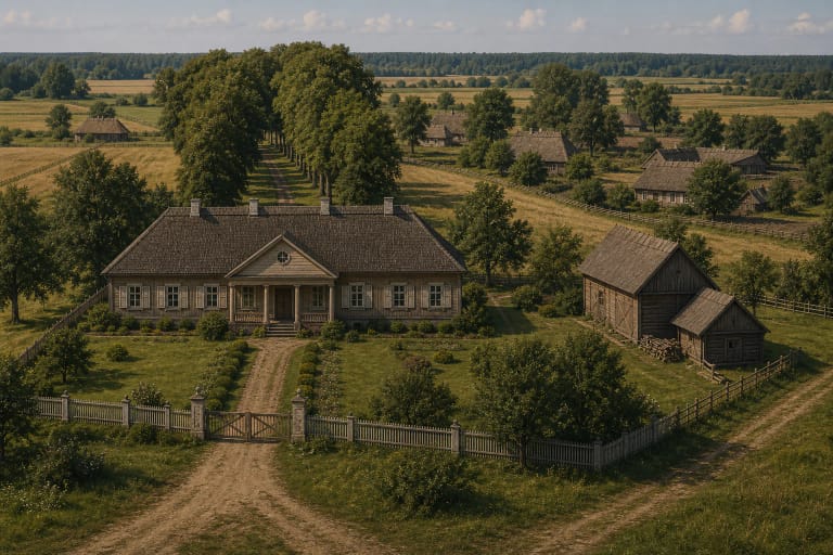 A petty-noble bajorkaimis with several wooden farmsteads, a loose plan, old trees, and a modest echo of manor tradition