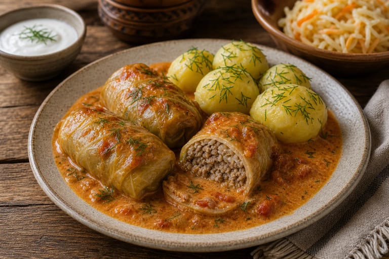 Lithuanian balandėliai in tomato and sour cream sauce with potatoes and dill