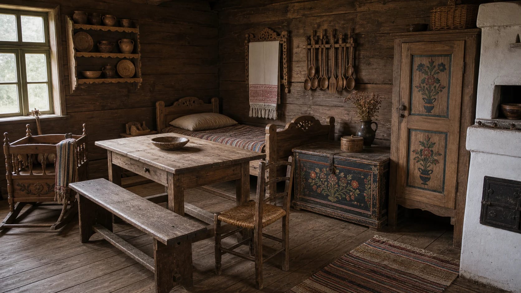 Lithuanian rural room with traditional wooden furniture: table, bench, bed, cradle, shelves, towel rack, chest, wardrobe, and chair