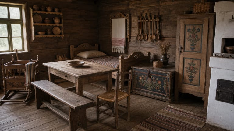 Lithuanian rural room with traditional wooden furniture: table, bench, bed, cradle, shelves, towel rack, chest, wardrobe, and chair