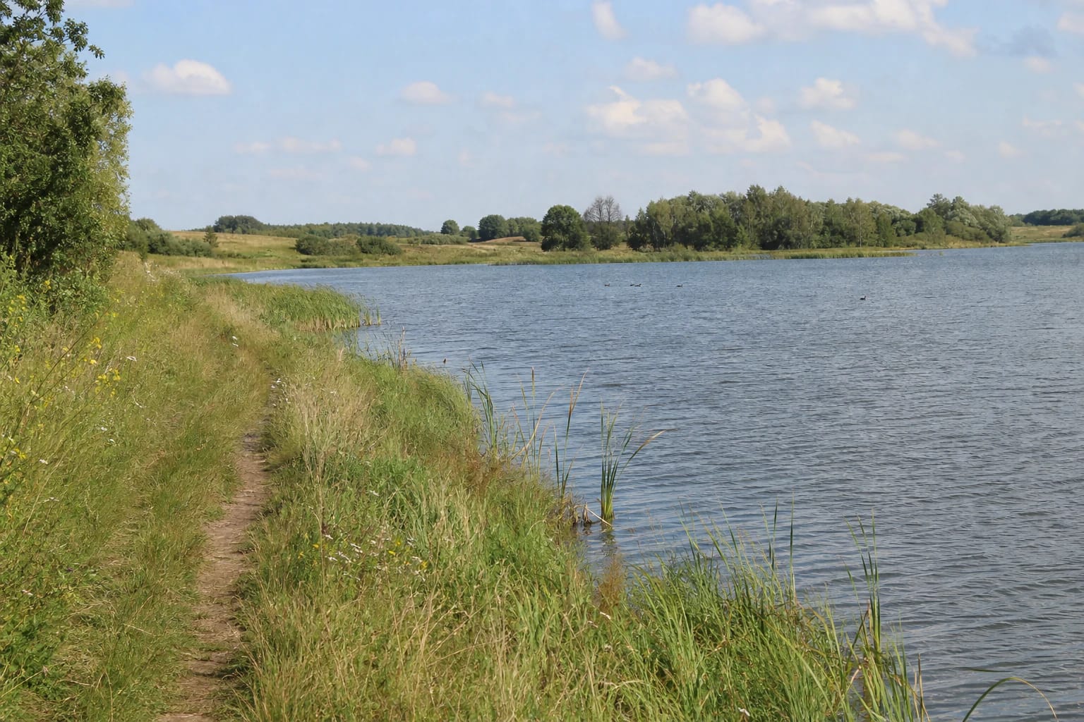 Natural grassy Balsupiai Pond shore with reeds, open water, and a distant woodland horizon