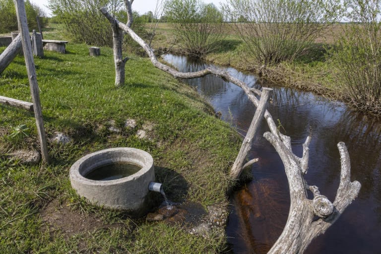 Concrete collecting ring of Baltasis Spring beside the narrow Orija and weathered branchwood rails at Barklainiai