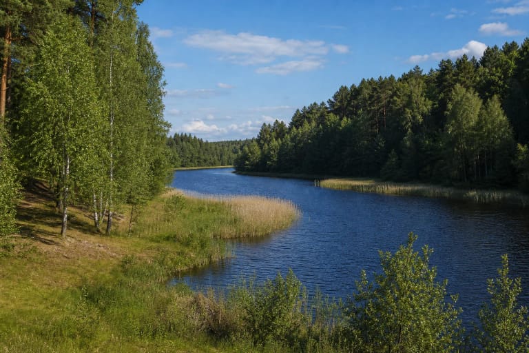 Baltoji Ančia vingiuoja per miškingą Lazdijų krašto slėnį