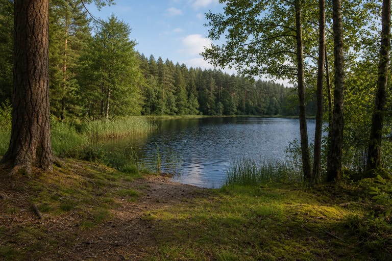 Baltasis Lake in Pageležiai Forest District with a natural grassy shore, reeds, and a belt of pine and deciduous woodland