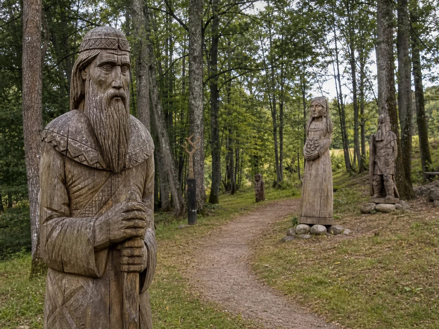 Wooden sculpture on the forest trail at Baltic Mythology Park in Sausdravai