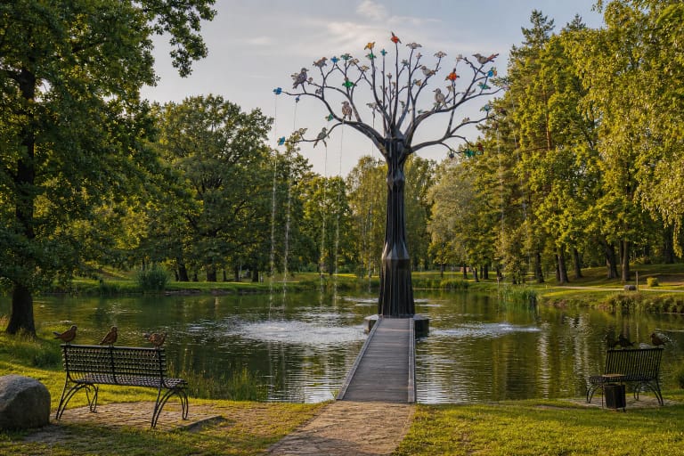 Black-metal and coloured-glass Baltic World Tree sculpture-fountain in the Račiupis pond in Kupiškis