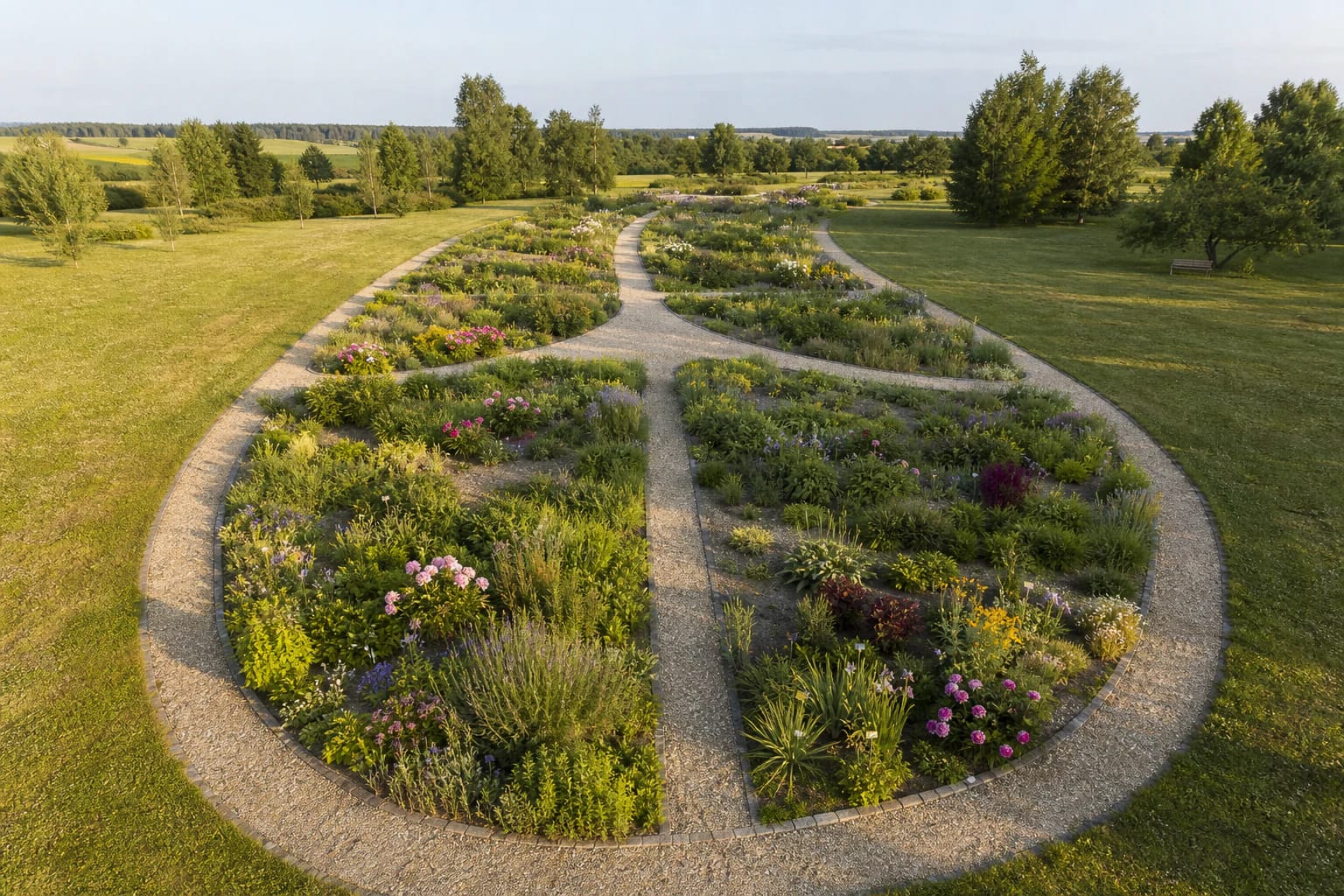Spindle-shaped flowerbeds of the Baltic Herb Museum in Naisiai, with curving paths, herbs, and summer flowers