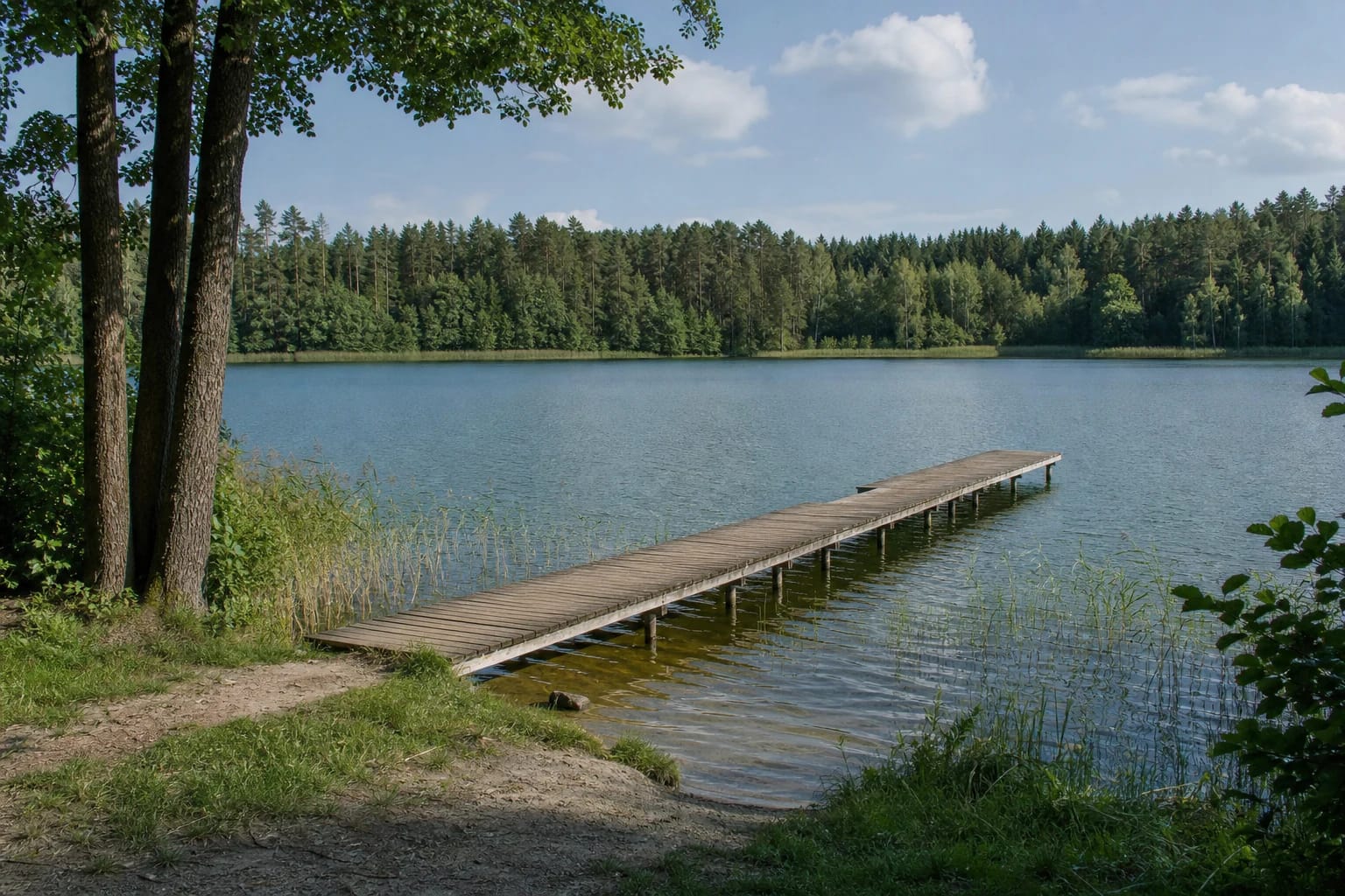 Miško apsuptas Balžio ežeras su ilgu mediniu lieptu ir nendringais krantais