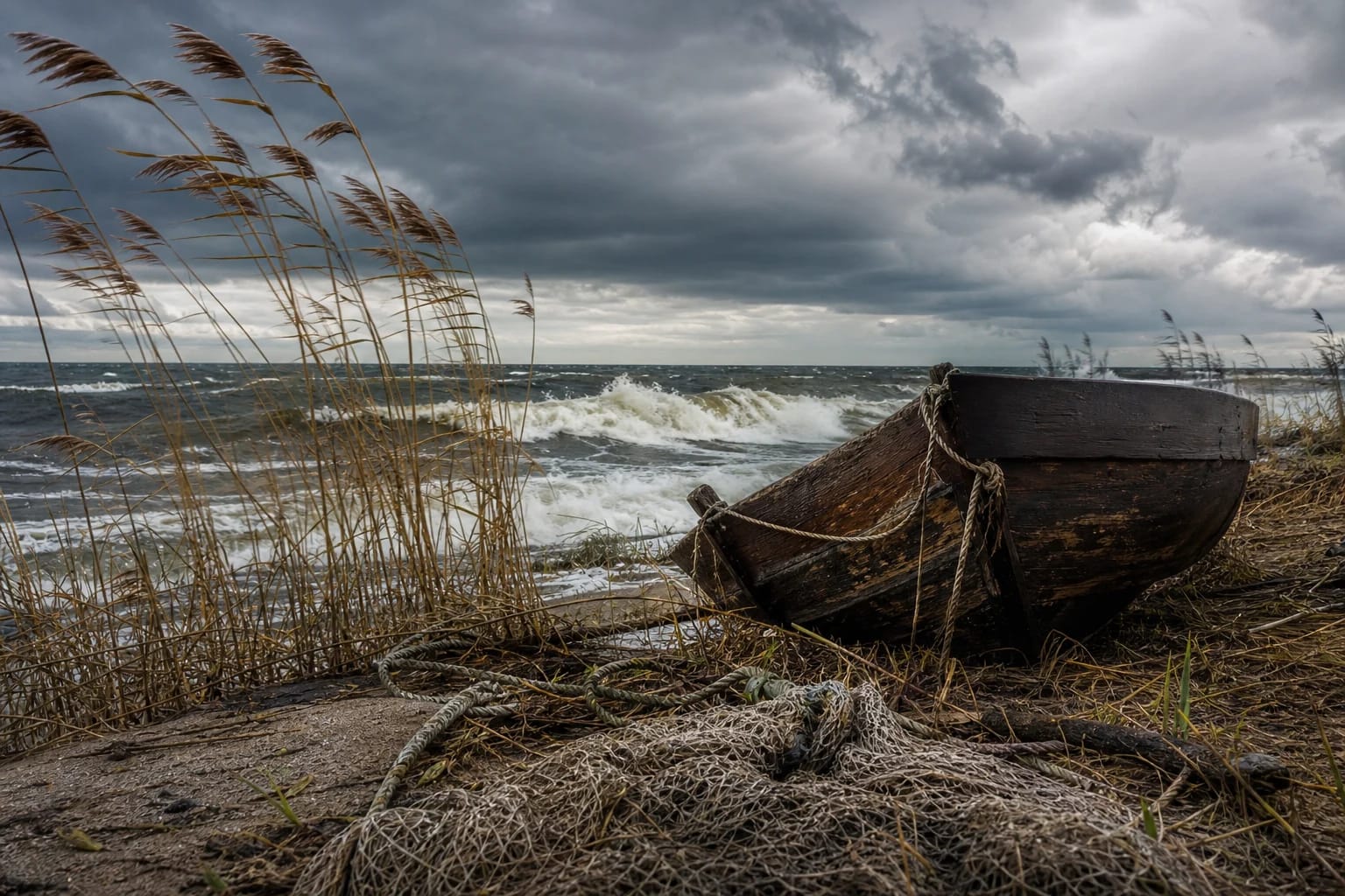 A stormy lagoon shore with an old boat for Bangpūtys