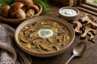 Baravykienė with porcini, potatoes, sour cream, and dill, with dried porcini nearby