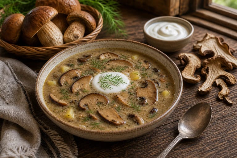 Baravykienė with porcini, potatoes, sour cream, and dill, with dried porcini nearby