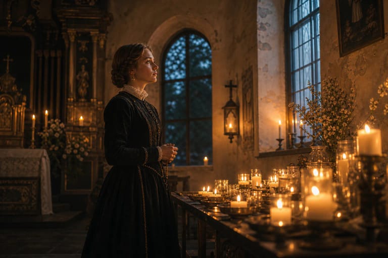 Barbora Žagarietė among candles in the setting of a Žagarė church