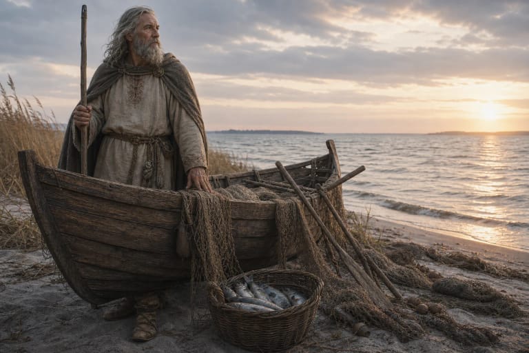 Bardaitis, Prussian god of seafaring, by the coast with a fishing boat and nets