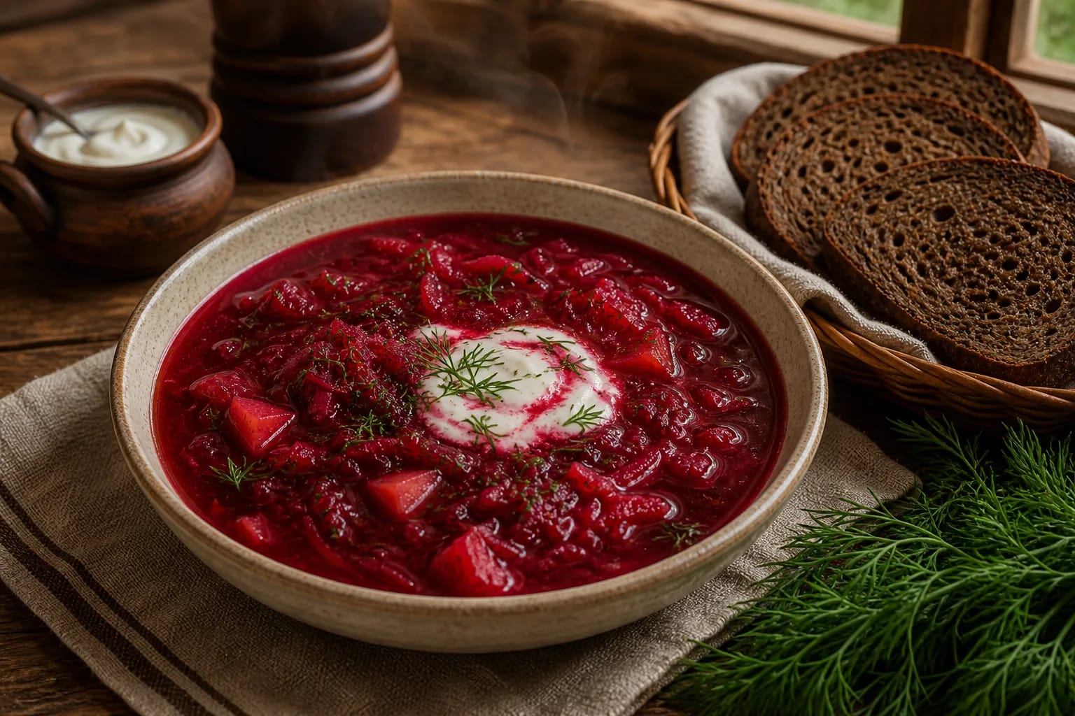 Hot Lithuanian barščiai with beets, cabbage, potatoes, sour cream, and dill