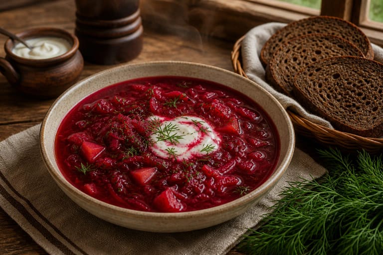 Hot Lithuanian barščiai with beets, cabbage, potatoes, sour cream, and dill