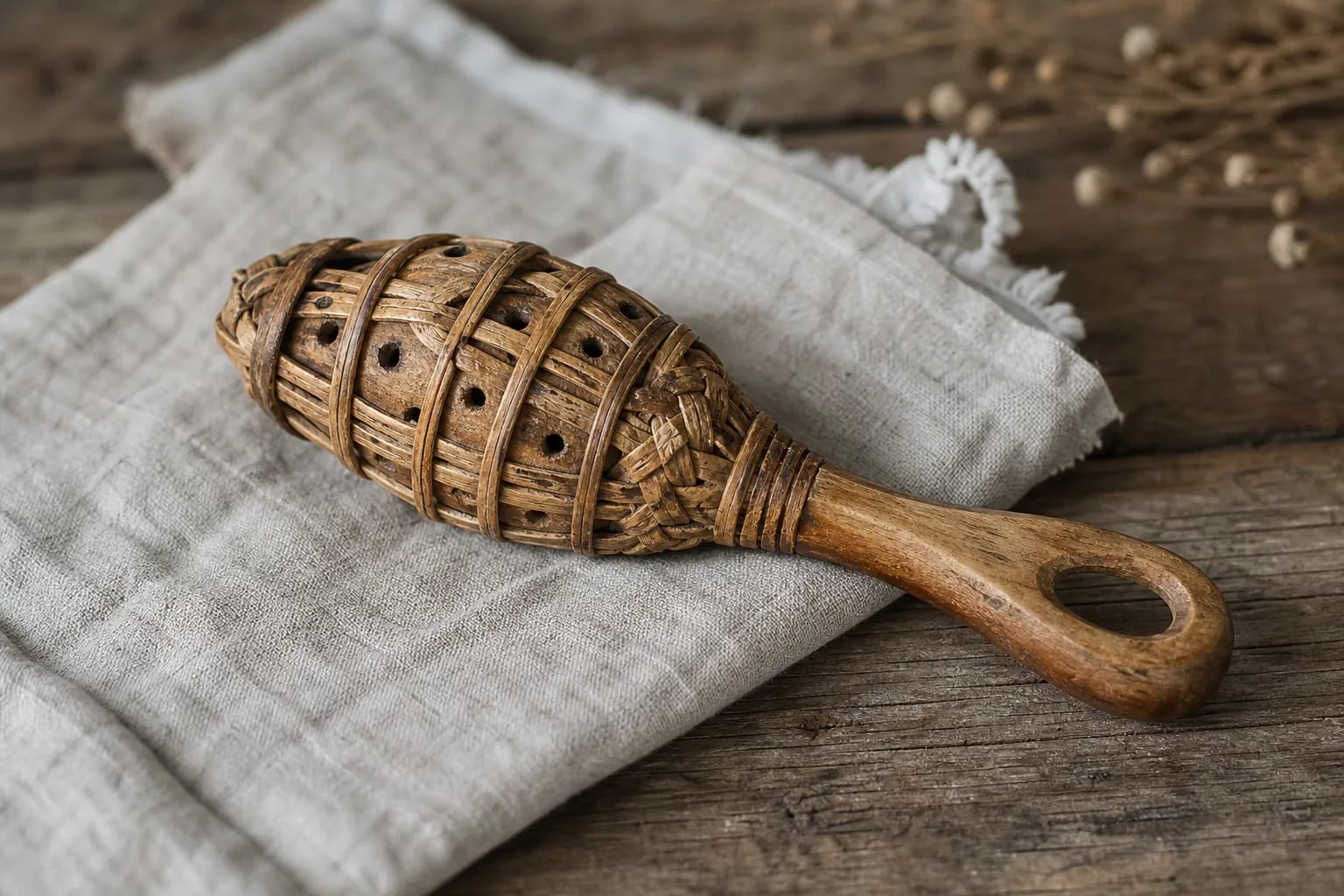 A wooden barškutis on linen with rattling details visible