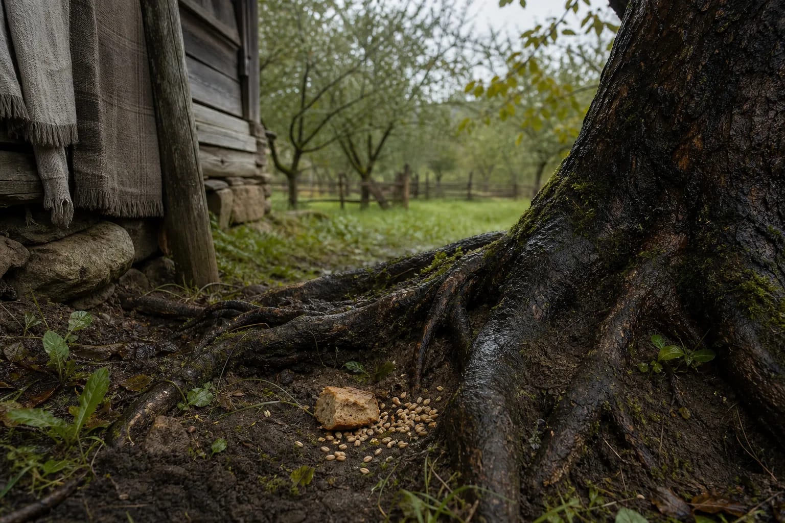 Tree roots beside an old farmstead with earth and a quiet offering sign for Barstukai